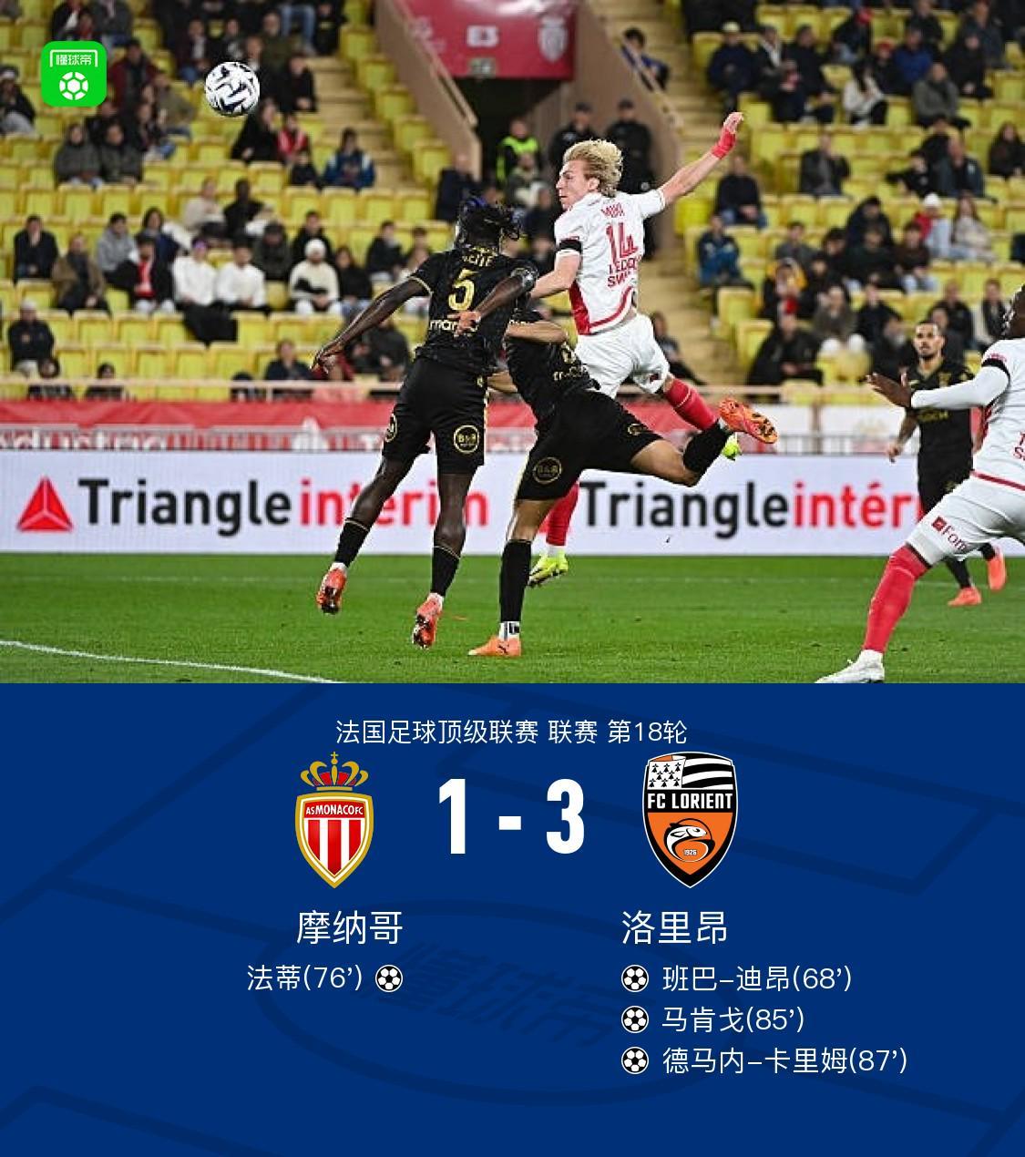 开云官网-摩纳哥1-3洛里昂，法蒂破门，德马内-卡里姆传射建功